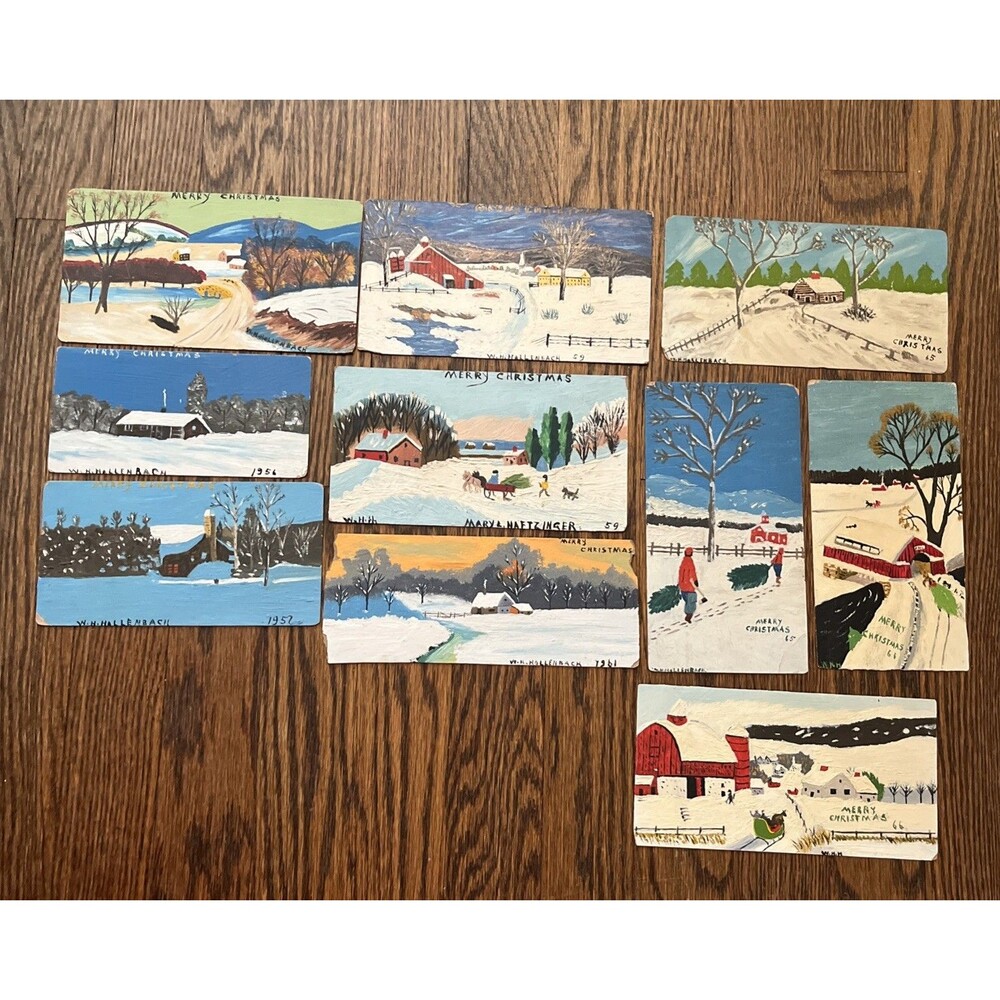 10 Vtg Mid Century Holiday Christmas Cards MCM 50s 60s Hand Painted Signed OOAK